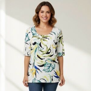 Chicos Tropical Floral Leaf Rayon Scoop Neck Tee Shirt
